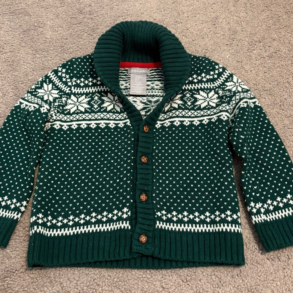 Tahari Forest Green and Cream Knit Cardigan